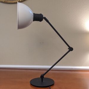 Hinge Desk Lamp Black Round Base White Shade Long Arm Adjustable 1 Way On Off